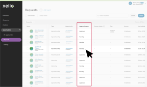 Requests page with the Approval status column highlighted. The cursor is over a Pending status